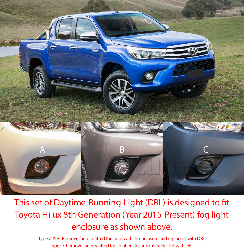 DRL12 Toyota Hilux 8th Generation Gen Series AN120 AN130 SR SR5 Workmate Hi-Rider Icon Active Invincible LED Fog Light UK United Kingdom USA Australia Europe Daytime Day Running Light DRL Day-Running-Light Lamp Front Lights With Turn Indicator Signal Light Amber White For Car Aftermarket Pair 2015 2016 2017 2018 Bezel 4 Bulb Four
