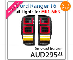 FRR08 Ford Ranger PX T6 MK1 MK2 MKII MKI Wildtrak XL XLS XLT Limited2 Limited 2 Smoked Smoke 3 Three LED Tail Rear Lamp Lights For Car Autotunez Tunez Taillights Rear Lamp Light Aftermarket Pair Set Raptor 2011 2012 2013 2014 2015 2016 2017 2018 2019 Sequential Motion Turn Signal Indicators OEM Manufacturer Premier Series 24-months 2-Year Warranty