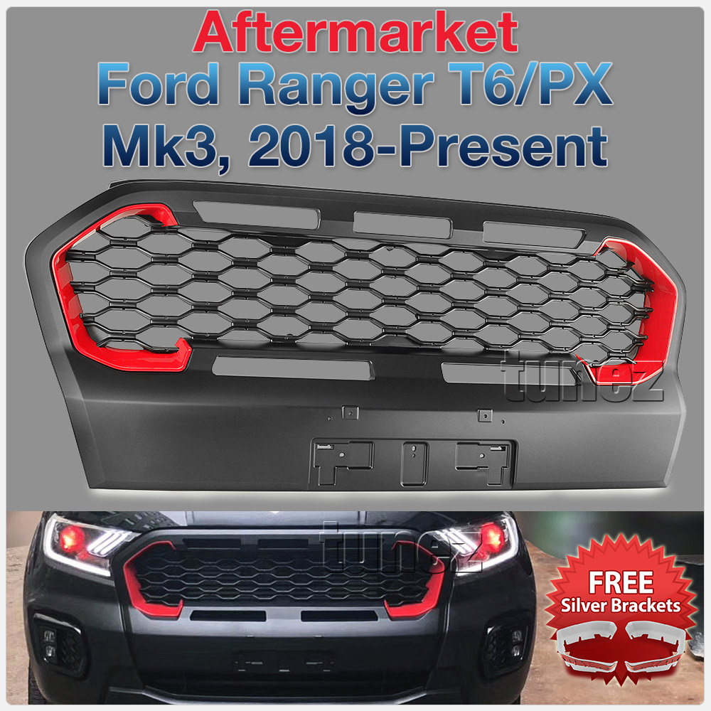 GFR06 Aftermarket Ford Ranger T6 PX MK3 MKIII Series Badge Raptor Sport XL XLT XLS Limited 2018 2019 2020 Grill Grille Sports Storm Edition With Matte Matt Black Red Silver Bracket Fang ABS OEM Fitting UK United Kingdom USA Australia Europe For Car Truck Ute