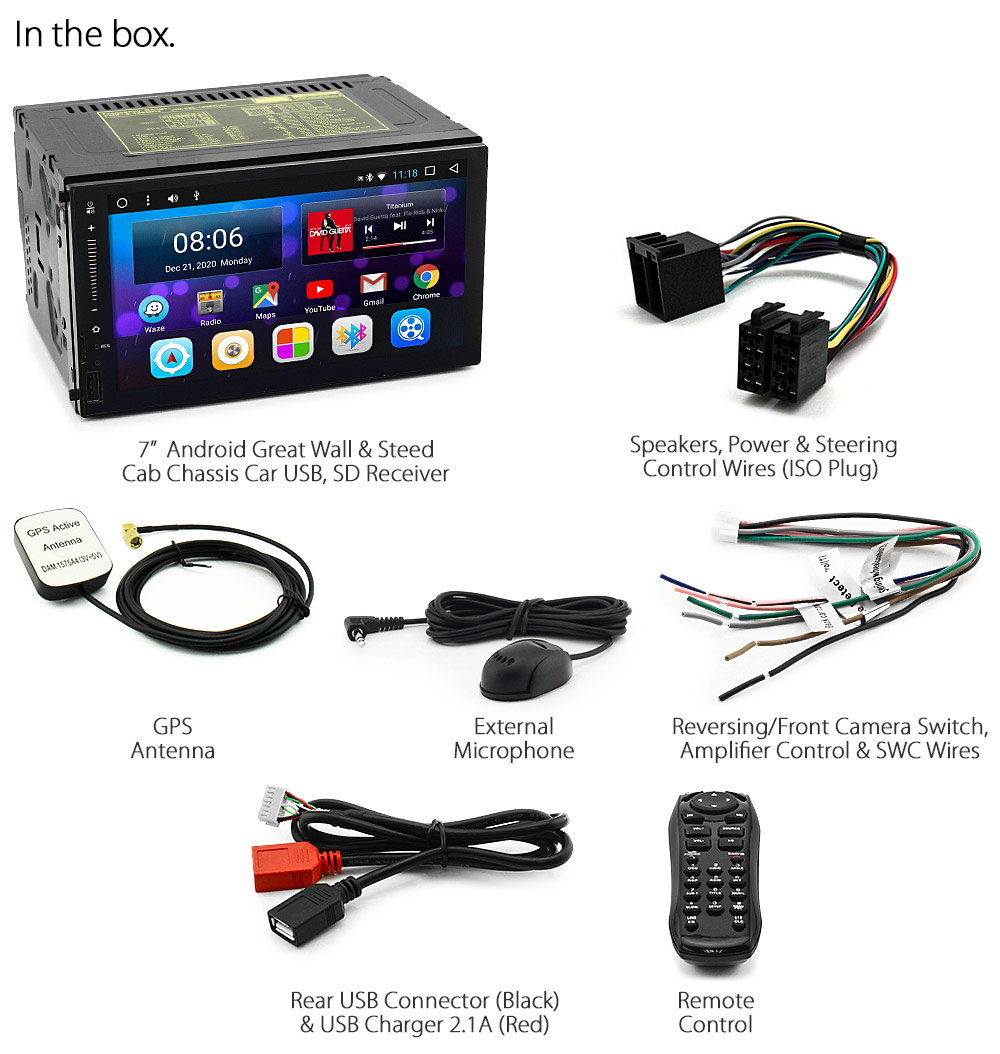 GW03AND GPS Great Wall V200 V240 Steed Cab Chassis 2009 2010 2011 2012 2013 2014 2015 2016 2017 2018 2019 7-inch Universal Double DIN Latest Australia UK European USA Original Android 7.1 Nougat car USB Charger 2.1A SD player radio stereo head unit details Aftermarket External and Internal Microphone Bluetooth Europe Sat Nav Navi Plug and Play ISO Plug Wiring Harness Matching Fascia Kit Facia Free Reversing Camera Album Art ID3 Tag RMVB MP3 MP4 AVI MKV Full High Definition FHD AirPlay Air Play MirrorLink Mirror Link 1080p DAB+ Digital Radio DAB + Connects2 CTSGW001.2