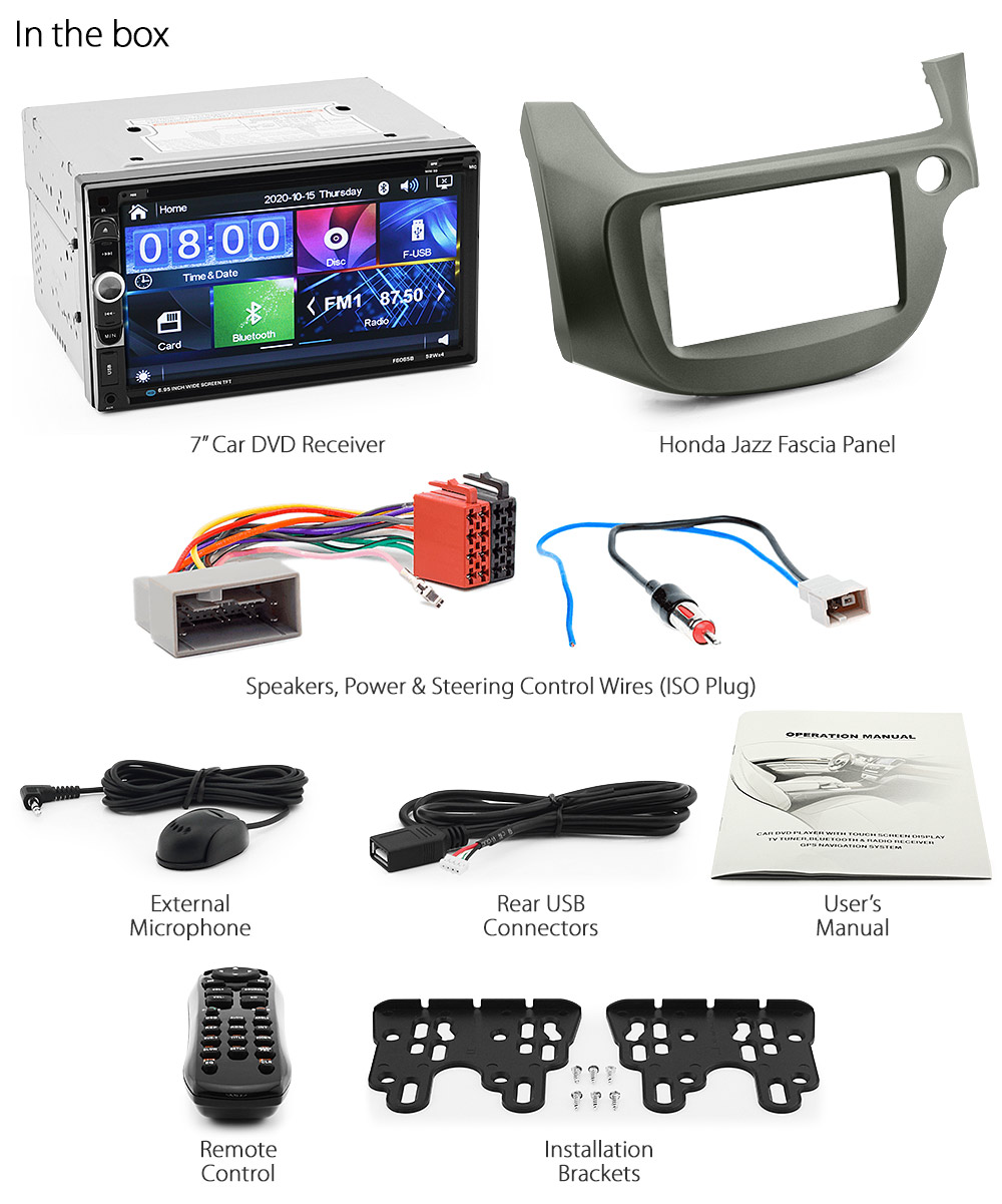 HJAZ11DVD Honda Jazz Fits 2nd Generation Gen GE8 2008 2009 2010 2011 2012 2013 7-inch Double-DIN car DVD CD USB SD Card player radio stereo head unit details Aftermarket RMVB MP3 MP4 AVI MKV 1080p External Bluetooth Microphone UK Europe Australia USA Fascia Facia Kit ISO Wiring Harness Free Reversing Camera Full High Definition FHD 3.5mm AUX-in Plug and Play Installation Dimension tunez tunezmart Patch Lead Steering Wheel Control Compatible SWC Connects2