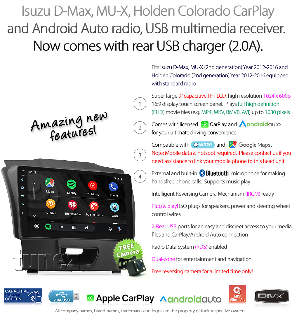 ISZ18CP ISZ18 Licensed Apple CarPlay Android Auto GPS Isuzu D-Max MU-X Holden Chevrolet Colorado 2nd Generation Gen Year 2012 2013 2014 2015 2016 2017 2018 2019 Super Large 9-inch 9