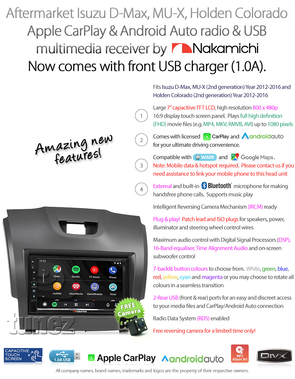 ISZ22CP Aftermarket Isuzu D-Max MU-X Holden Colorado Nakamichi NAM3510-M7 Licensed Apple CarPlay Android Auto 2012 2013 2014 2015 2016 7-inch Universal Double DIN Latest Australia UK European USA Original Car USB Charger 1.0A SD player radio stereo head unit details External and Internal Microphone Bluetooth Europe Sat Nav Navi Plug and Play ISO Plug Wiring Harness Fascia Kit Facia Free Reversing Camera Album Art ID3 Tag RMVB MP3 MP4 AVI MKV Full High Definition FHD 1080p DAB+ Digital Radio