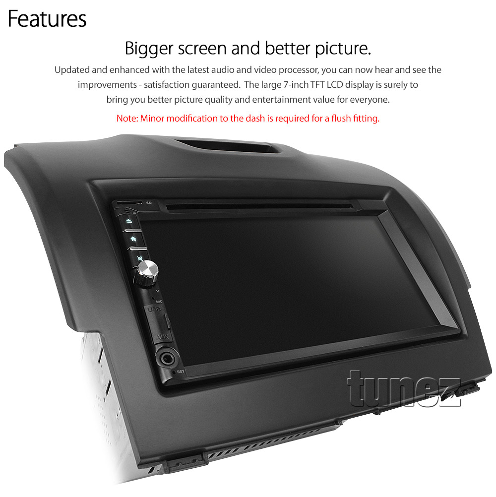 ISZ27DVD Aftermarket Isuzu D-Max MU-X Holden Chevrolet Colorado 2nd Generation Gen Year 2012 2013 2014 2015 2016 2017 2018 7-inch Double DIN Direct Loading Design Car DVD USB SD Player Radio Stereo Head Unit Details Aftermarket External And Internal Microphone Bluetooth MP3 MP4 AVI MKV RMVB Fascia Kit Panel Trim ISO Plug Wiring Harness Reversing Camera 1080p FHD HD Full High Definition 3.5mm AUX-in Plug and Play Installation Dimension tunez tunezmart Patch Lead Compatible