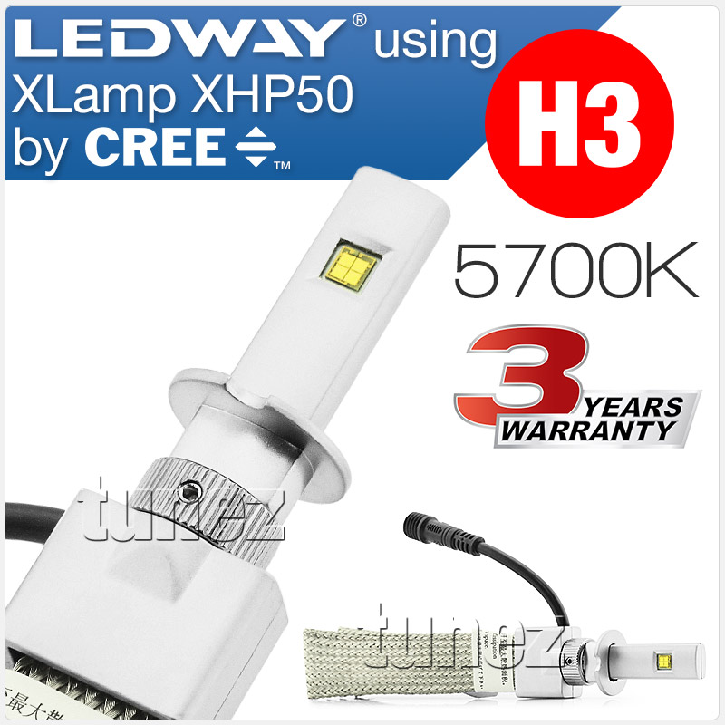 LEDLWH301 LEDway LED H3 PK22s XLamp XHP50 XM-L2 by CREE Light Lamp Bulb Bulbs Headlight Headlamp Head Cap Base UK United Kingdom USA Australia Europe High Beam Low Hi Lo 5700K Daylight Colour Color Bright White Copper Braided Extra Wide Flexible Heat Sink Waterproof Dustproof 6063 Aluminium Alloy IP65 External Driver Detachable 3-Year Warranty 36-months Direct Replacement Replace Conversion Kit For Halogen and Xenon 5200lm 5200 lumens 30W 60W 120W 20800lm 20800 10400 10400lm