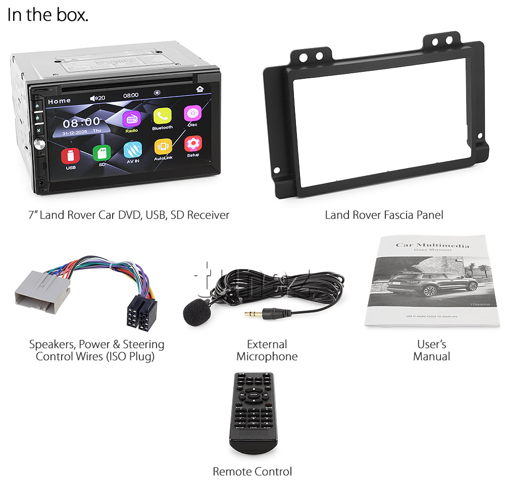 LRD18DVD Land Rover Freelander 1 First 1st Generation Gen Year 2004 2005 2006 2007 7-inch Double DIN Direct Loading Design Car DVD USB SD Player Radio Stereo Head Unit Details Aftermarket External And Internal Microphone Bluetooth MP3 MP4 AVI MKV RMVB Fascia Kit Panel Trim ISO Plug Wiring Harness Reversing Camera 1080p FHD HD Full High Definition 3.5mm AUX-in Plug and Play Installation Dimension tunez tunezmart Patch Lead Compatible