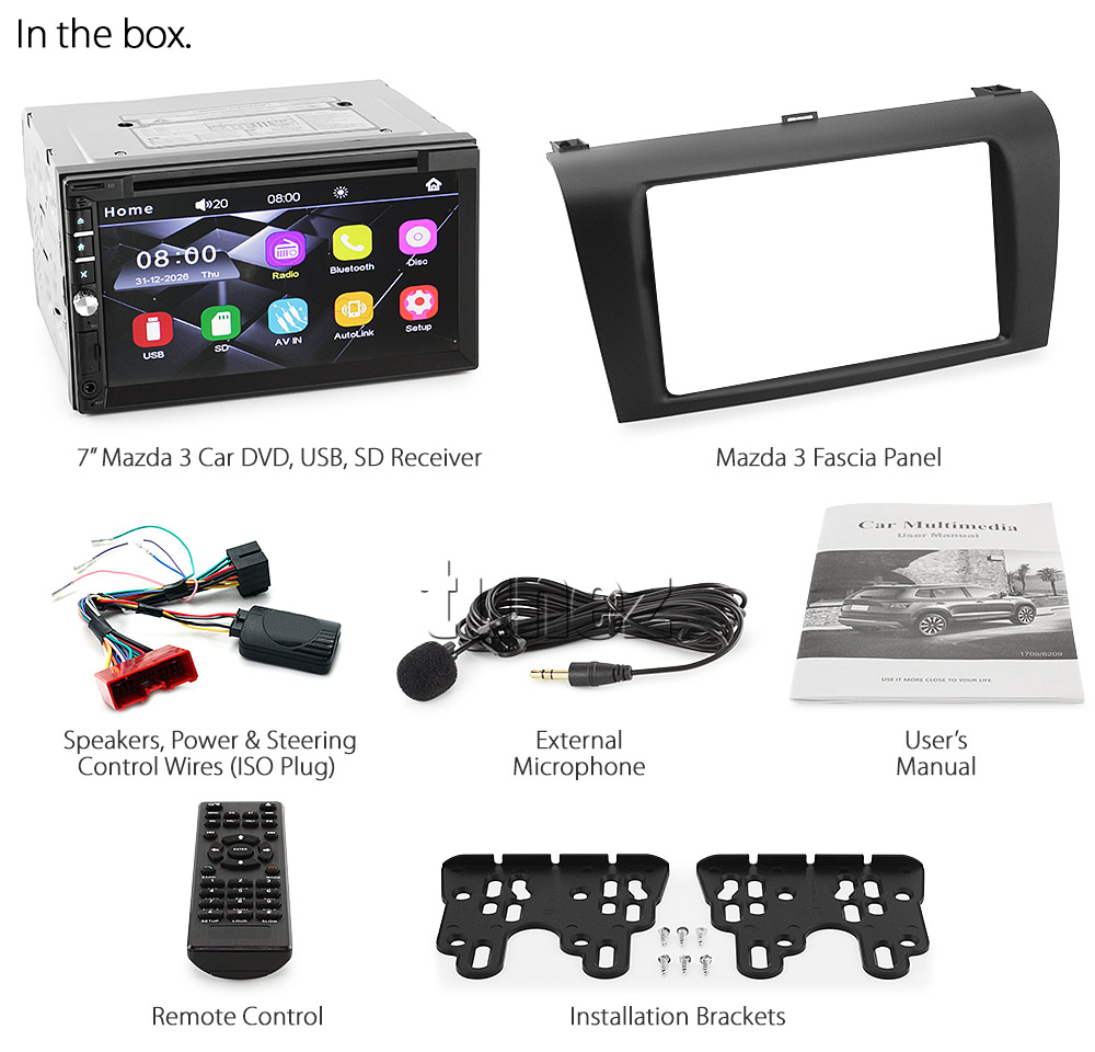 M317DVD Mazda3 Mazda 3 1st Generation BK1 BK2 BK Series 1 2 Gen Year 2003 2004 2005 2006 2007 7-inch Double DIN 2-DIN Direct Loading Design Car DVD USB SD Player Radio Stereo Head Unit Details Aftermarket External And Internal Microphone Bluetooth MP3 MP4 AVI MKV RMVB Fascia Kit Panel Trim ISO Plug Wiring Harness Reversing Camera 1080p FHD HD Full High Definition 3.5mm AUX-in Plug and Play Installation Dimension tunez tunezmart Compatible Patch Lead