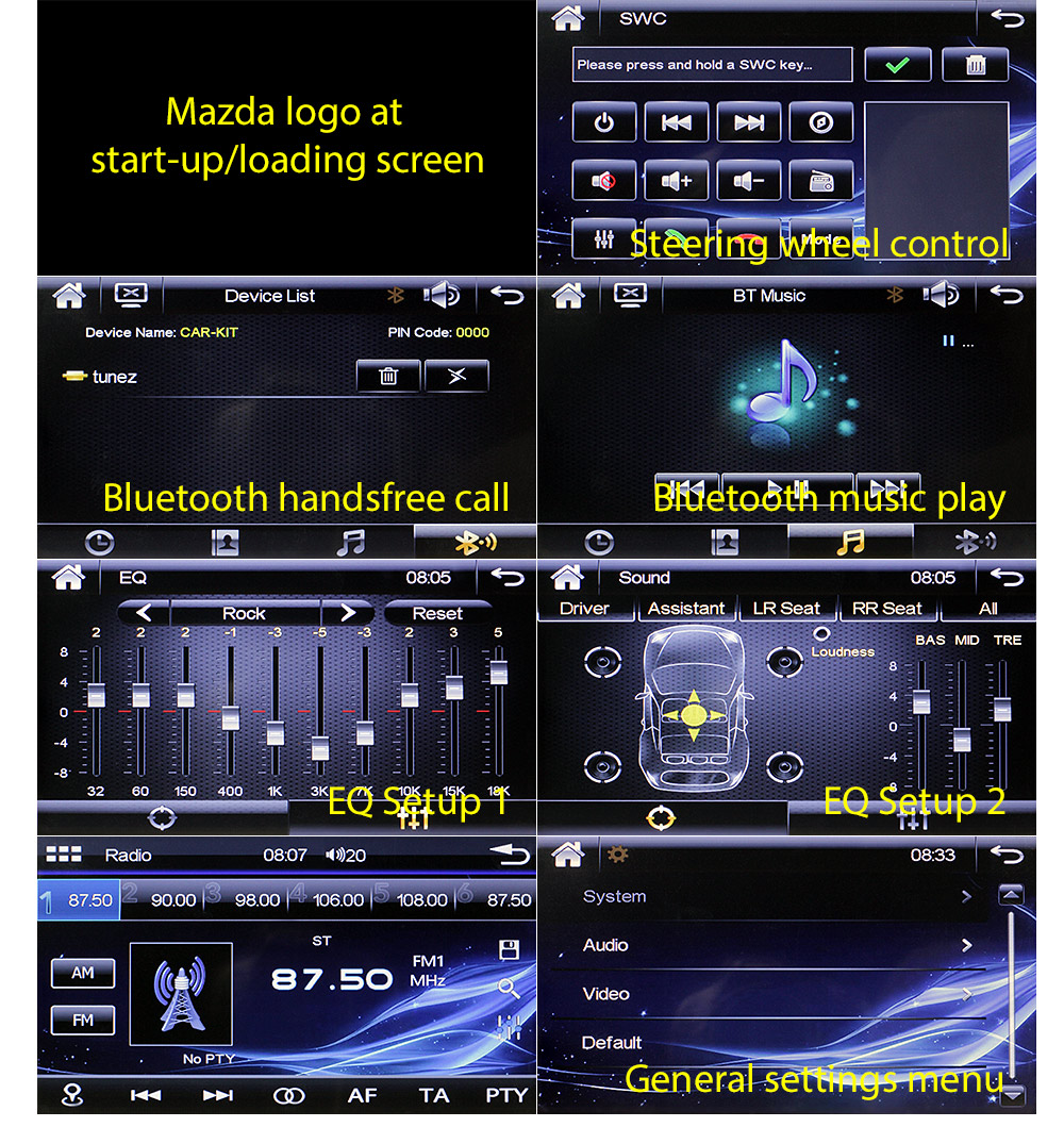 M317DVD Mazda3 Mazda 3 1st Generation BK1 BK2 BK Series 1 2 Gen Year 2003 2004 2005 2006 2007 7-inch Double DIN 2-DIN Direct Loading Design Car DVD USB SD Player Radio Stereo Head Unit Details Aftermarket External And Internal Microphone Bluetooth MP3 MP4 AVI MKV RMVB Fascia Kit Panel Trim ISO Plug Wiring Harness Reversing Camera 1080p FHD HD Full High Definition 3.5mm AUX-in Plug and Play Installation Dimension tunez tunezmart Compatible Patch Lead