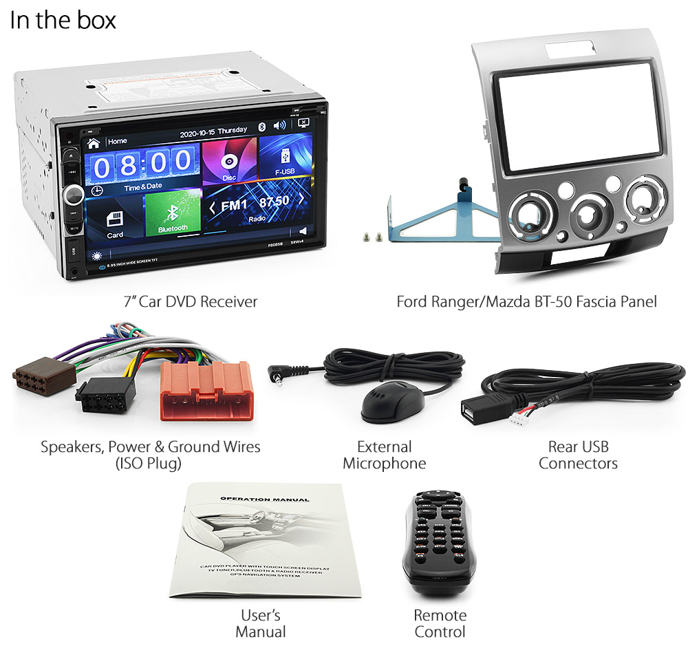 MBT10DVD Ford Ranger PJ PK Mazda BT-50 2006 2007 2008 2009 2010 2011 MK1 MK2 7-inch Double DIN Direct Loading design car DVD USB SD player radio stereo head unit details Aftermarket External and Internal Microphone Bluetooth MP3 MP4 AVI MKV RMVB Fascia Facia Kit Panel Trim ISO Plug Wiring Harness Reversing Camera 1080p FHD HD Full High Definition 3.5mm AUX-in Plug and Play Installation Dimension tunez tunezmart Patch Lead Compatible 