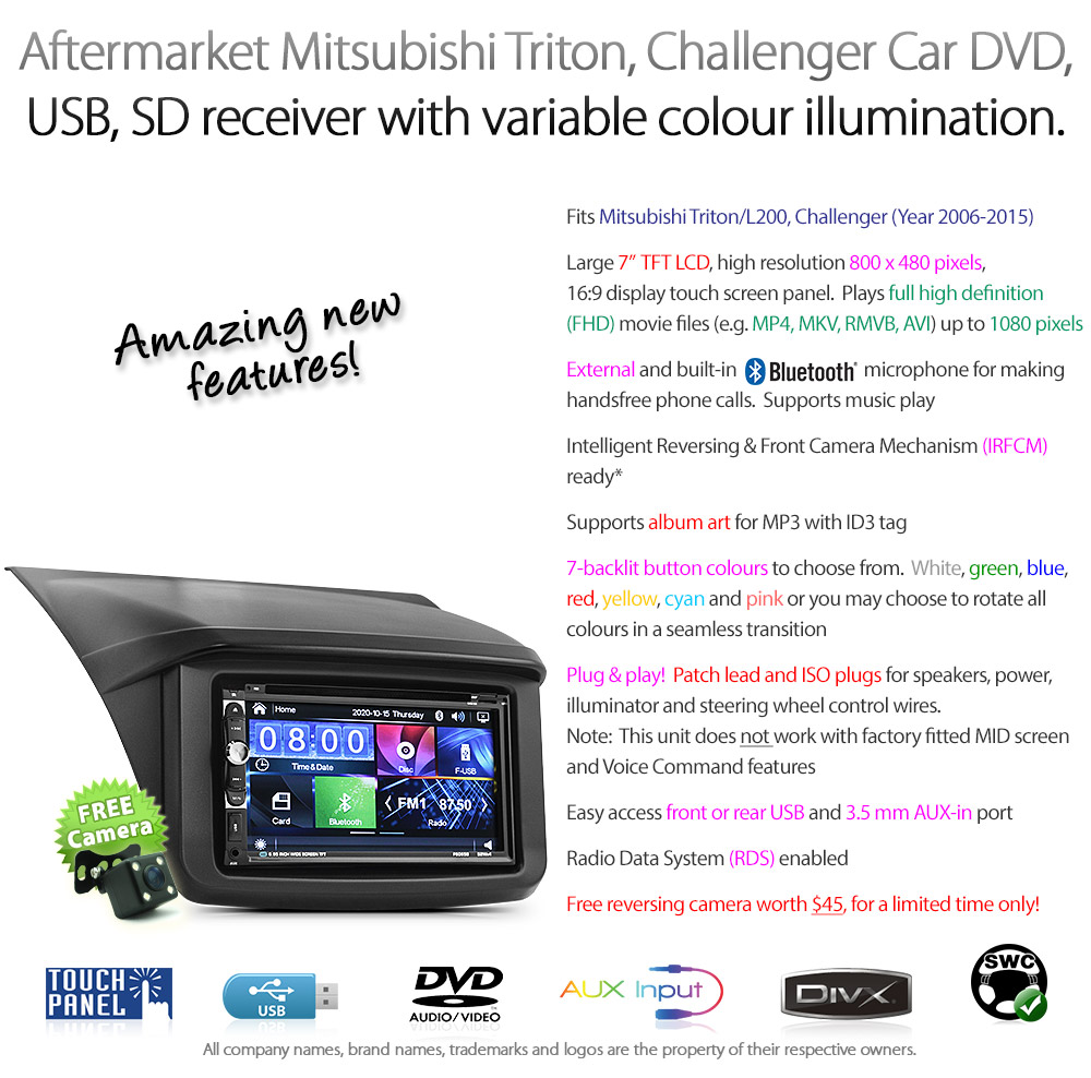 MTR02DVD 7-inch Aftermarket Mitsubishi Triton L200 ML MN 4th Generation Gen 2006 2007 2008 2009 2010 2011 2012 2013 2014 2015 Direct Loading design car DVD USB SD player MP3 Album Art ID3 Tag ID3tag RDS radio stereo head unit details Aftermarket External and Internal Microphone Bluetooth RMVB MKV MP4 Full High Definition FHD 1080p 720p Free Reversing Camera Fascia Kit ISO Plug Wiring Harness Steering Wheel Control buttons OEM Double 2 DIN Patch Lead Connects2 CTSMT005.2 CTSMT006.2