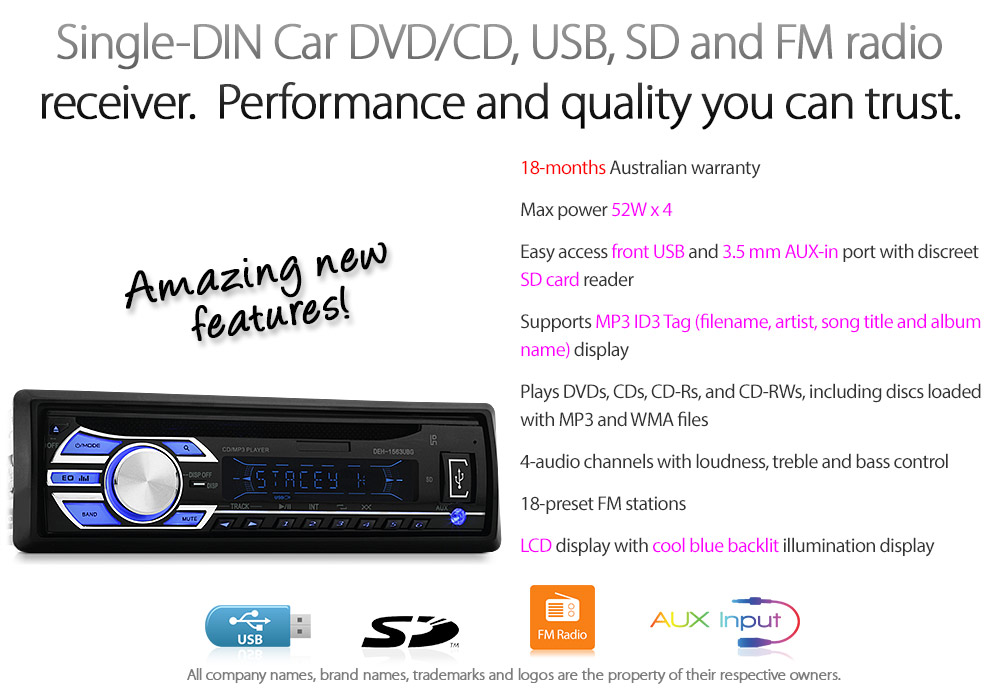 SD07CD Single DIN Universal DVD CD MP3 USB slot reader SD Card Port FM Radio Budget Value For Money Best On eBay Blue Illumination ID3 Tag 3.5mm AUX-In 4 X 52W 18-month warranty Quality Trust 