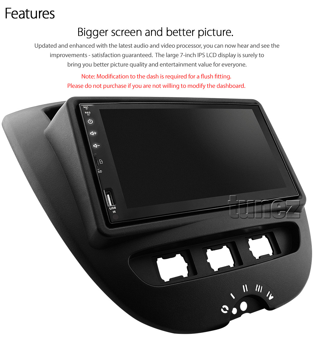 TAY13AND GPS 7-inch Aftermarket Toyota Aygo Citroen C1 Peugeot 107 1st Generation AB10 Year 2005 2006 2007 2008 2009 2010 2011 2012 2013 2014 7-inch touchscreen Universal Double DIN Latest Australia UK European USA Apple CarPlay Android Auto 13 Car USB player radio stereo 4G LTE WiFi head unit details Aftermarket External and Internal Microphone Bluetooth Europe Sat Nav Navi Plug and Play ISO Plug Wiring Harness Matching Fascia Kit Facia Free Reversing Camera Album Art ID3 Tag RMVB MP3 MP4 AVI MKV Full High Definition FHD MyLink My Link 1080p DAB+ Digital Radio DAB + Connects2 CTSIZ001.2