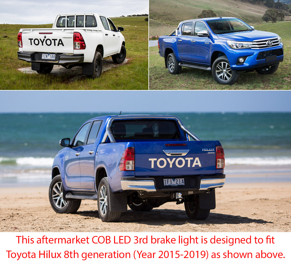 THT02 Toyota Hilux 8th Generation Gen Series AN120 AN130 GUN GUN1 SR SR5 Workmate Hi-Rider Icon Active Invincible COB Chip On Board LED 3rd Third Brake Light Brakelight Tailgate Tail Lamp Rear Lamp UK United Kingdom USA Australia Europe For Car Aftermarket Pair 2015 2016 2017 2018 2019 Smoked Edition