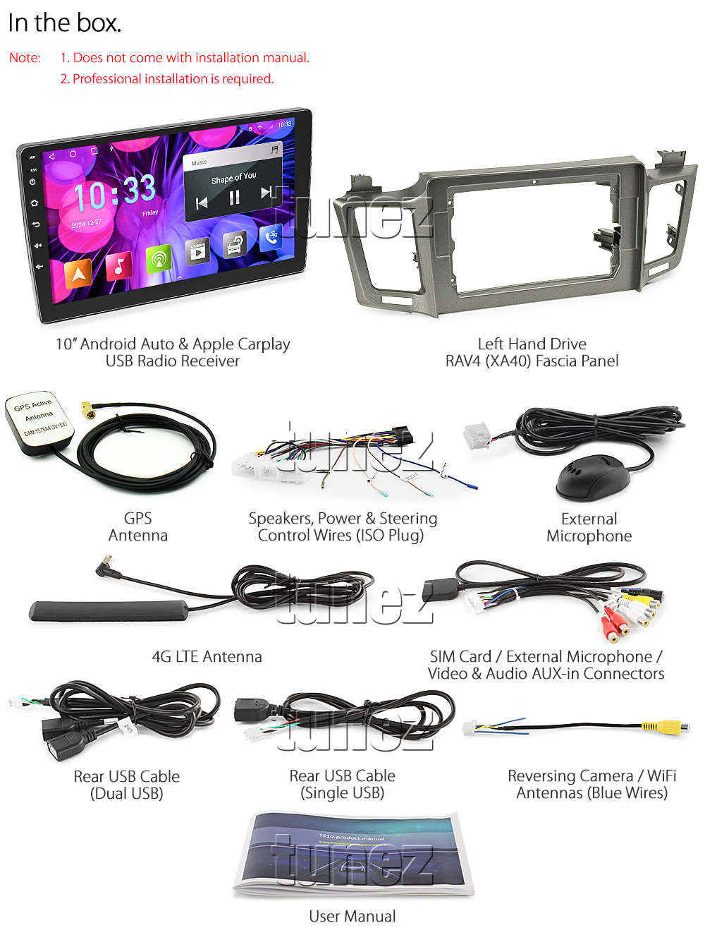 TRV10AND GPS Aftermarket Toyota RAV4 RAV 4 XA40 2013 2014 2015 2016 2017 2018 capacitive 10 inches touchscreen Universal Double DIN Latest Australia UK European USA Original CarPlay Android Auto 10 Car USB player radio stereo 4G LTE WiFi head unit details Aftermarket External and Internal Microphone Bluetooth Europe Sat Nav Navi Plug and Play ISO Plug Wiring Harness Matching Fascia Kit Facia Free Reversing Camera Album Art ID3 Tag RMVB MP3 MP4 AVI MKV Full High Definition FHD 1080p DAB+ Digital Radio DAB + Connects2 CTSIZ001.2